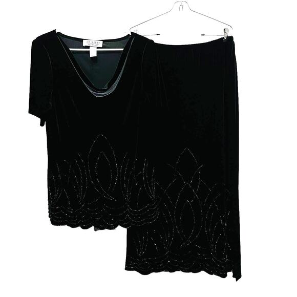 Stretch Velvet 90s Skirt Set Drape Neck Beaded Black Goth Goddess Witchy 14 W